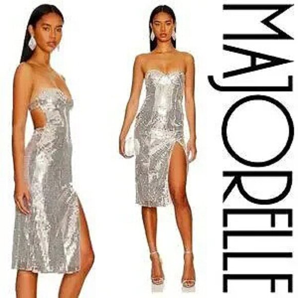 MAJORELLE Dresses & Skirts - 💥CHIC & SEXY💥Revolve MAJORELLE Strapless Bodycon Midi Dress in Silver Sequin